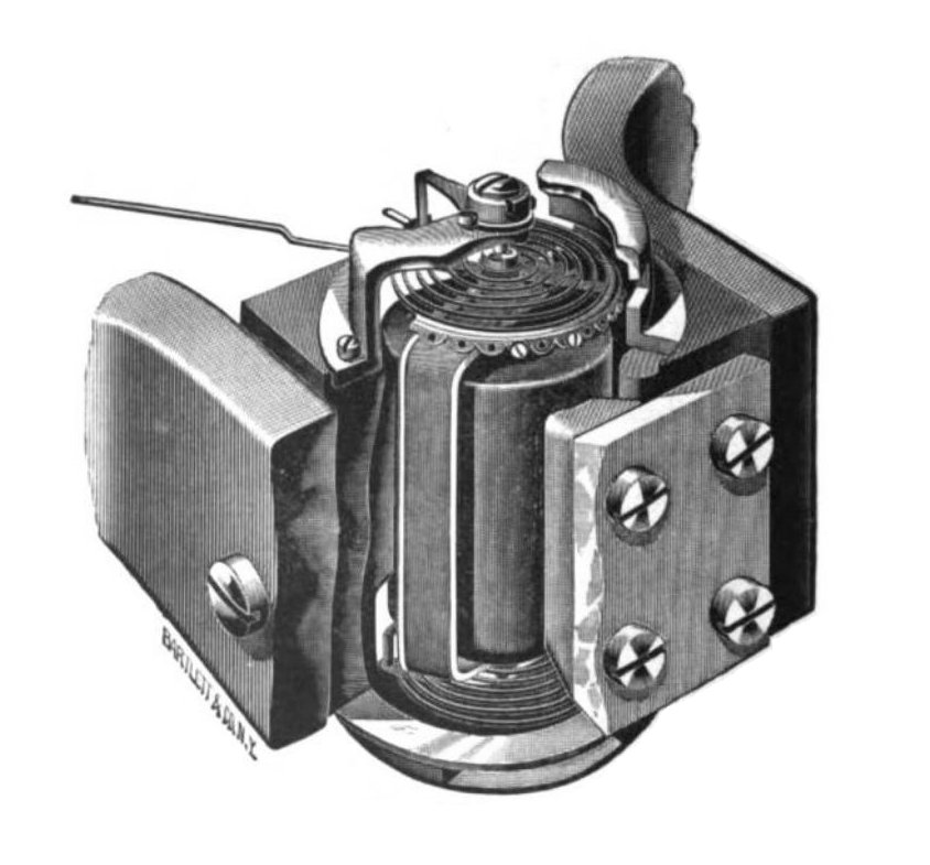 Figure 2 — 2 — A d'Arsonval movement with the structure exposed: the horseshoe permanent magnet, the coil wound on its cylindrical former pivoted in the gap, the spiral hairspring at the top, and the…
