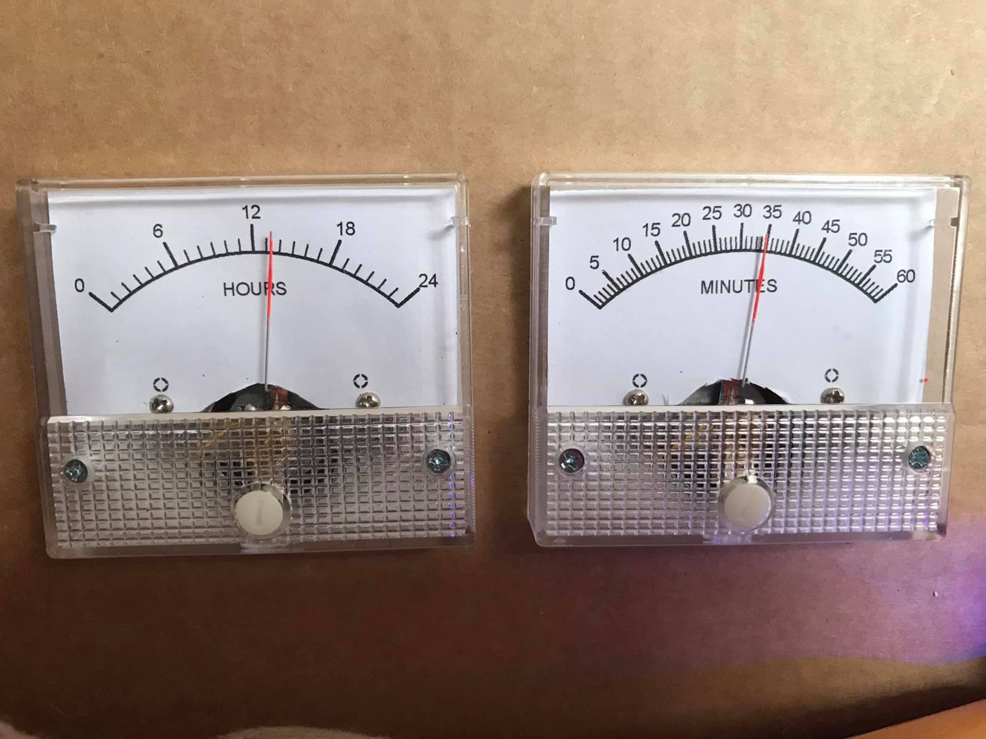 Figure 3 — 5 — The owner's "So Analog" parts: two re-faced plastic-bezel panel meters, 0–24 HOURS and 0–60 MINUTES, needles mid-scale — the stripped-down two-meter build this section walks through (a…