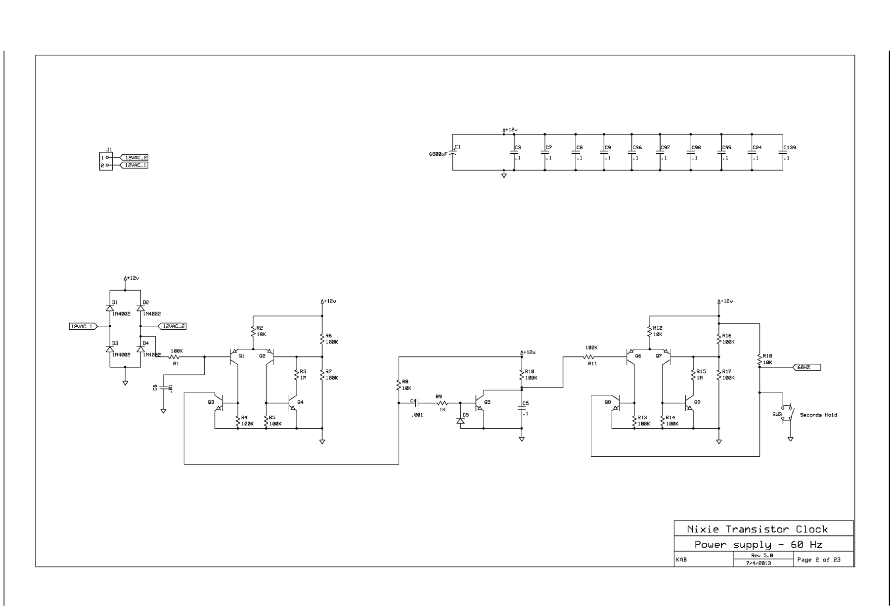 Figure 3 — Power supply and 60 Hz extractor: the bridge and 6,800 µF reservoir, the first comparator on one bridge leg, the edge-triggered discharge of C5, and the second comparator that produces…