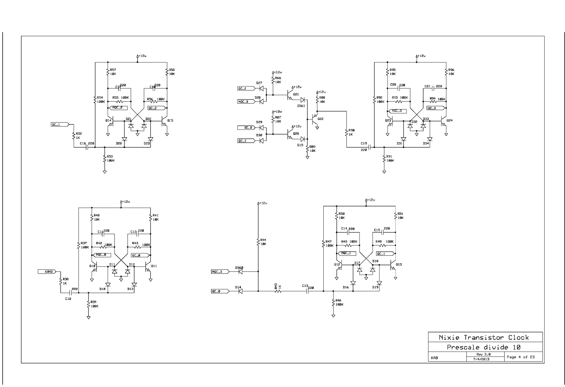Figure 4 — The prescaler's divide-by-10 counter: four discrete toggle flip-flops, with the diode AND gate (D14, D560) that masks Q1's clock at count 9 and the AND-OR selector (Q20–Q22) that clock…