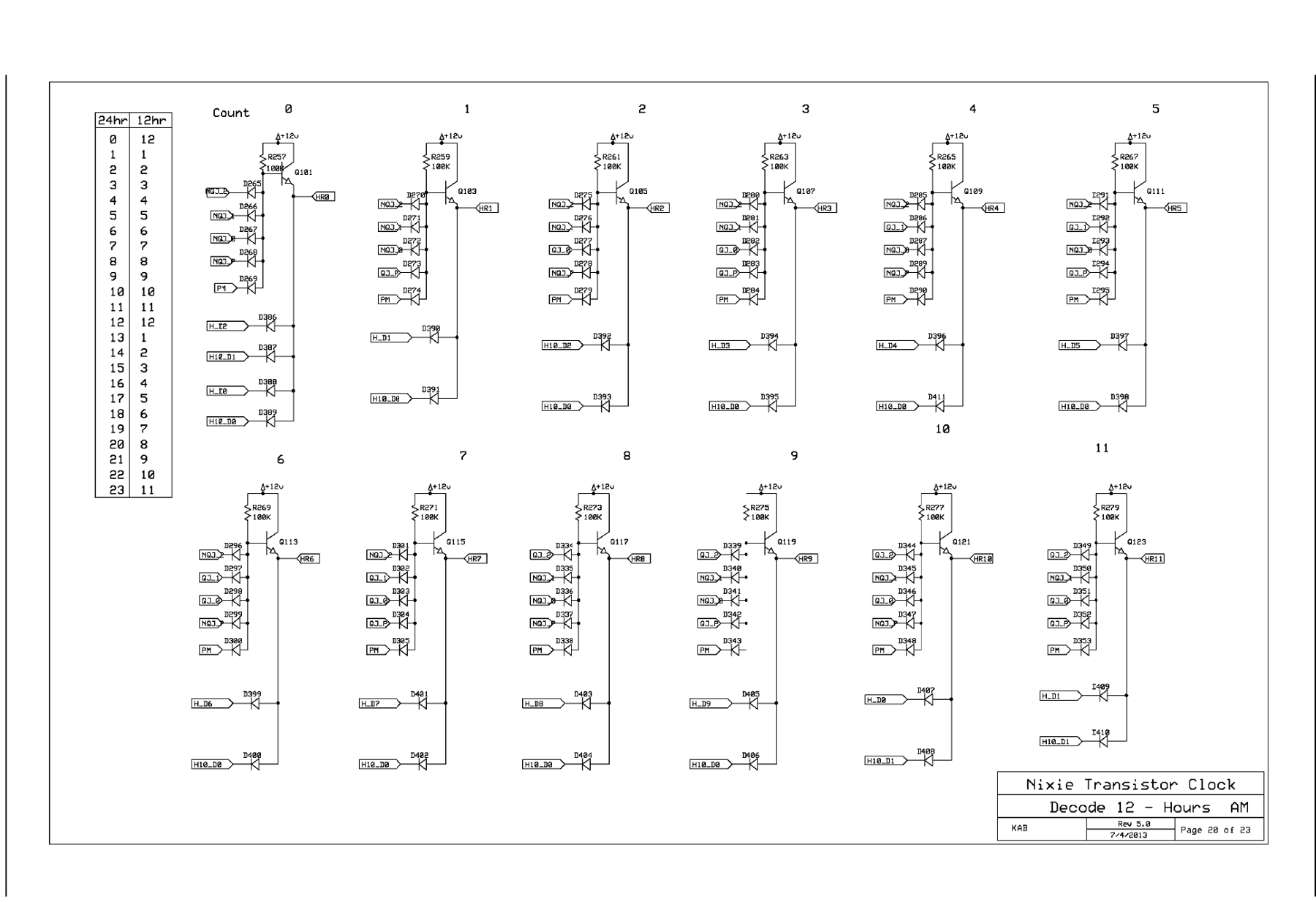 Figure 5 — The AM hours decoders: one transistor gate per hour, each with five diode inputs from the hours counter and the PM flip-flop, and diode outputs onto the units (HDn) and tens (H10Dn) ca…
