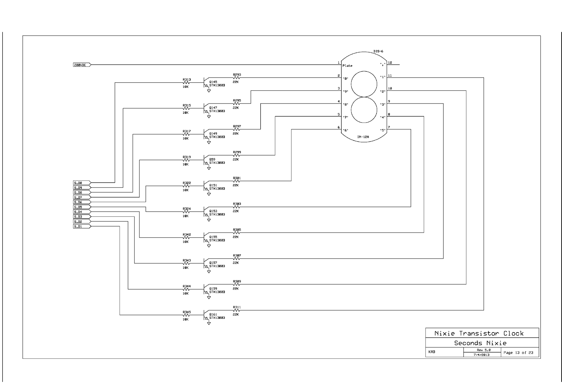 Figure 6 — The seconds-units tube driver: the plate goes straight to the HV rail, and each of the ten cathodes goes through a 22 kΩ resistor to an STX13003 400 V transistor, switched through 10 k…