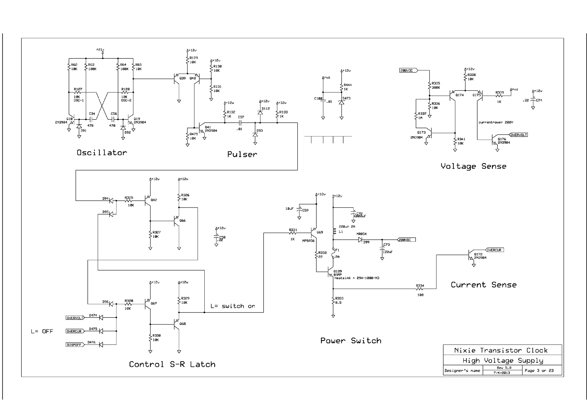 Figure 2 — The High Voltage Supply sheet: oscillator, pulser and control S-R latch (left); power switch, current sense and voltage sense (right). Schematic: Keith Bayern, KABtronics, Nixie Transi…