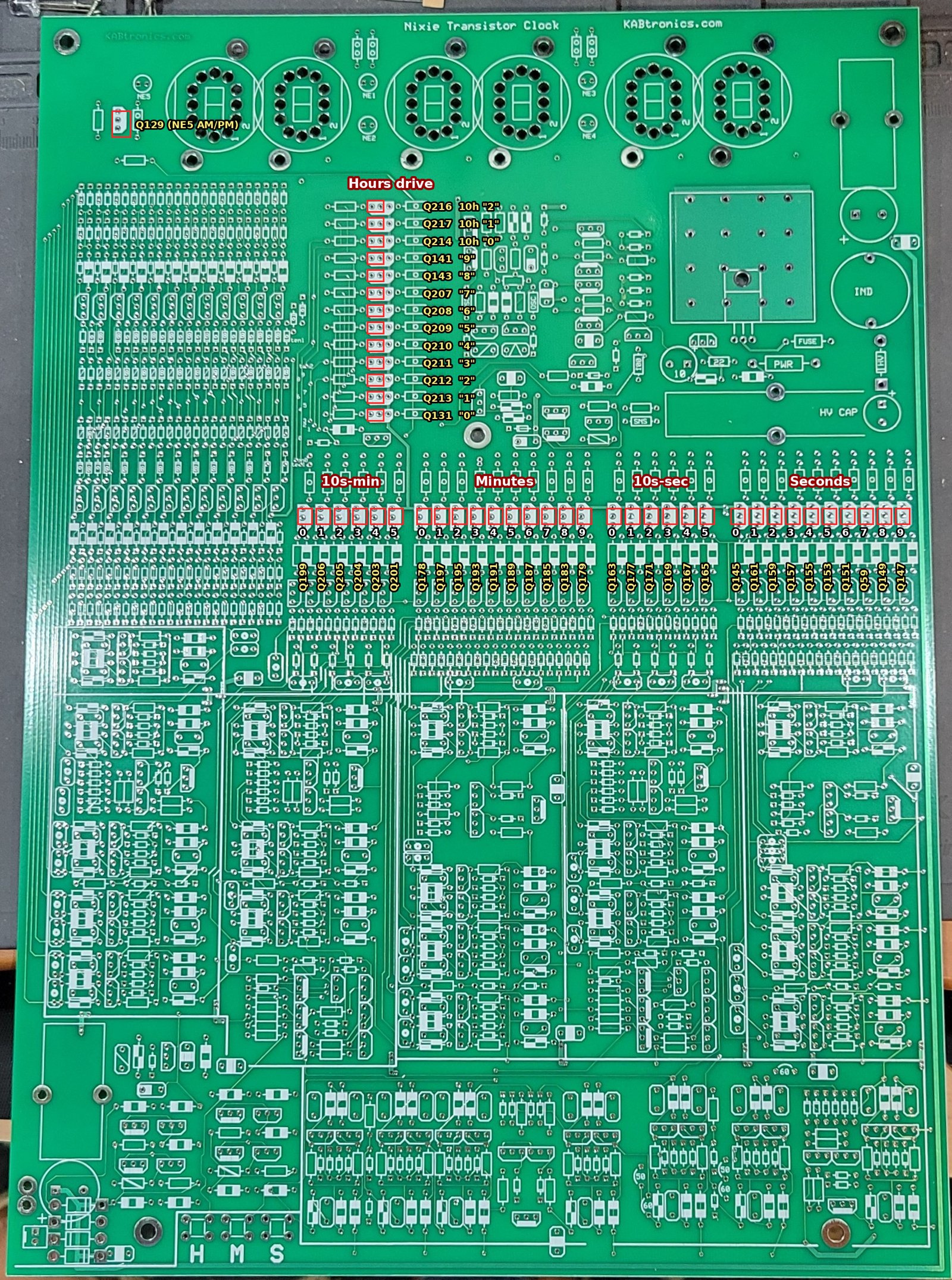 Figure 4 — Where every high-voltage driver goes, with its schematic designator: the hours-drive column (Q216, Q217, Q214 for the 10-hour 2, 1, 0; Q141 … Q131 for the hours 9 … 0), the four decode…