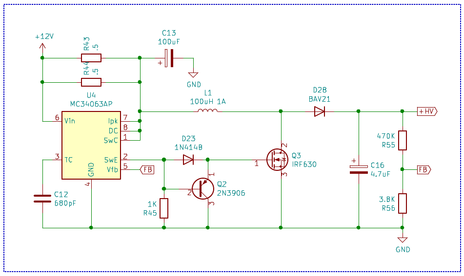 Figure 1 — The RL1200 nixie HV supply. U4 (MC34063AP) switches Q3 (IRF630) through an emitter follower with a fast PNP turn-off (D23, Q2, R45); L1 stores energy that D28 (BAV21) dumps into C16; R…