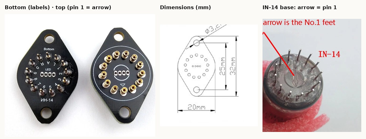 Figure 3 — The IN-14 PCB sockets I ordered. Left: the solder side, labelled A (anode), L and R (decimal points) and 0–9 beside each contact, and the tube side with its ring of gold machined-pin c…
