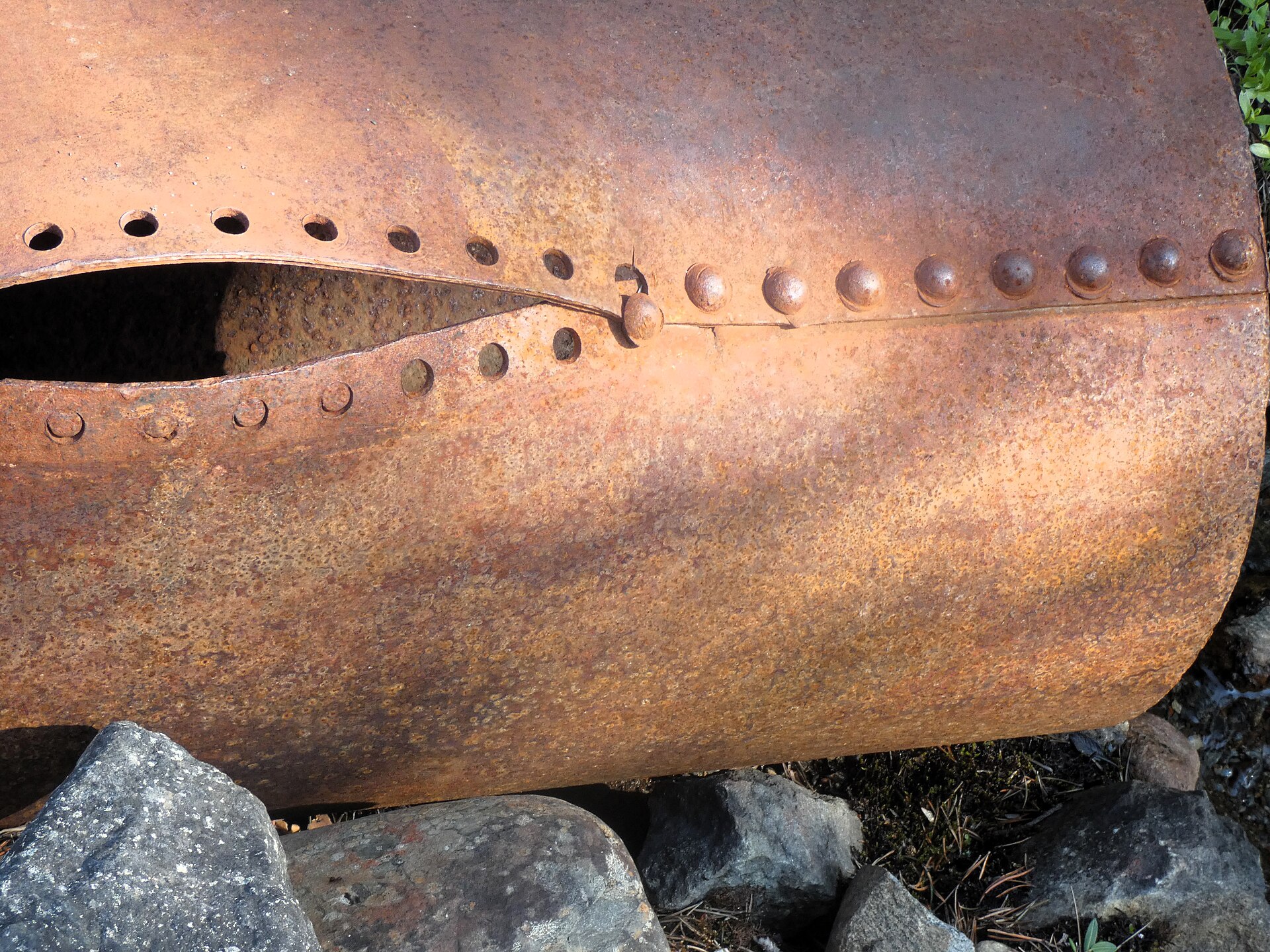 Figure 4 — 4 — A riveted seam on weathered iron: overlapping plate joined by a regular row of domed heads. The rivet is a structural fastener that is visible because it has to be, which is why it rea…